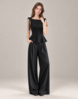 French-Inspired Black Bow-Tie Peplum Top & Wide-Leg Pants Set
