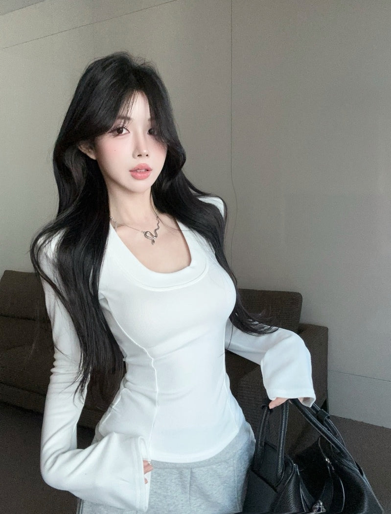 U-Neck Brushed Thickened Top with Padded Shoulders