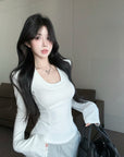 U-Neck Brushed Thickened Top with Padded Shoulders