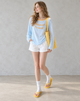 Korean-style blue and white striped off-shoulder sun-protection top