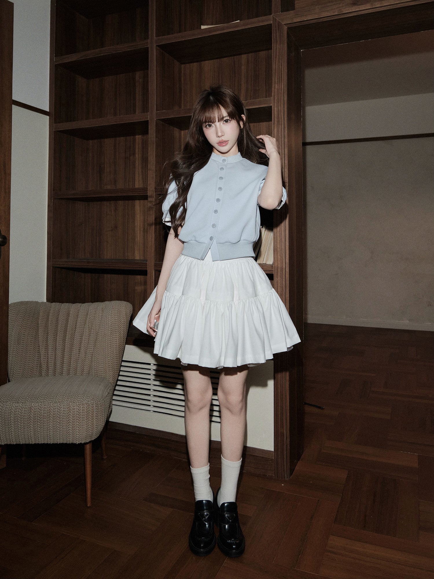 Slim-fit contrast knit top with faux layered design
