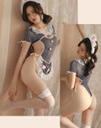 Open-Crotch One-Piece Maid Costume Lingerie(with Stockings)