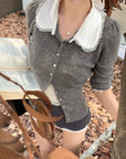 Doll Collar Slim-Fit Knit Cardigan with Mid Sleeves