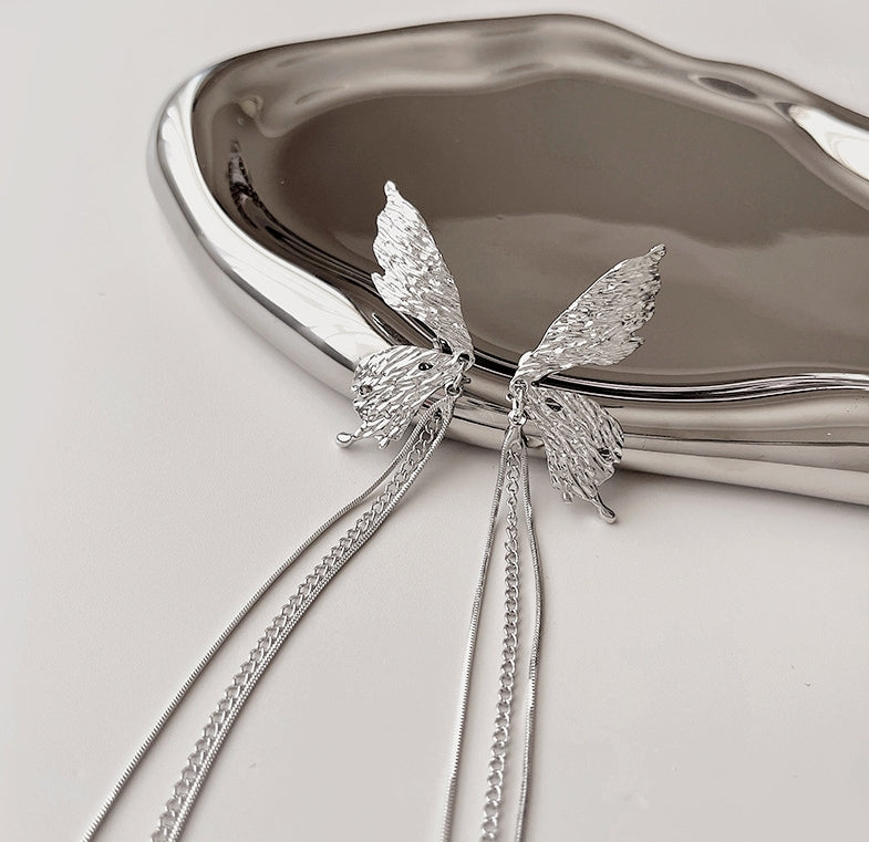 Korean 925 Silver Butterfly Wing Tassel Earrings