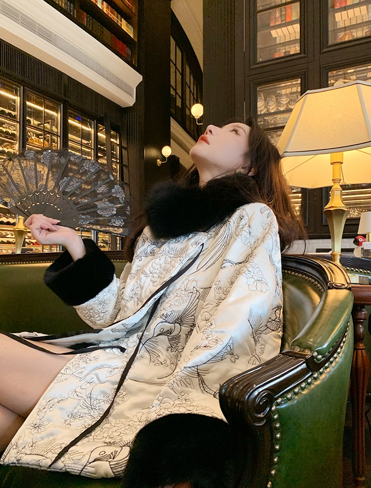 New Chinese Style Satin Embroidered Down Jacket (Without Fur Scarf)