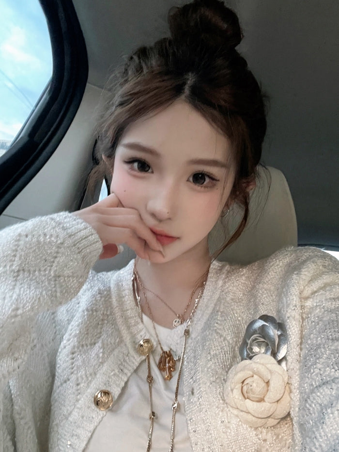 Sequined Argyle Knit Tweed-Style Cardigan (with Brooch)