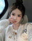 Sequined Argyle Knit Tweed-Style Cardigan (with Brooch)