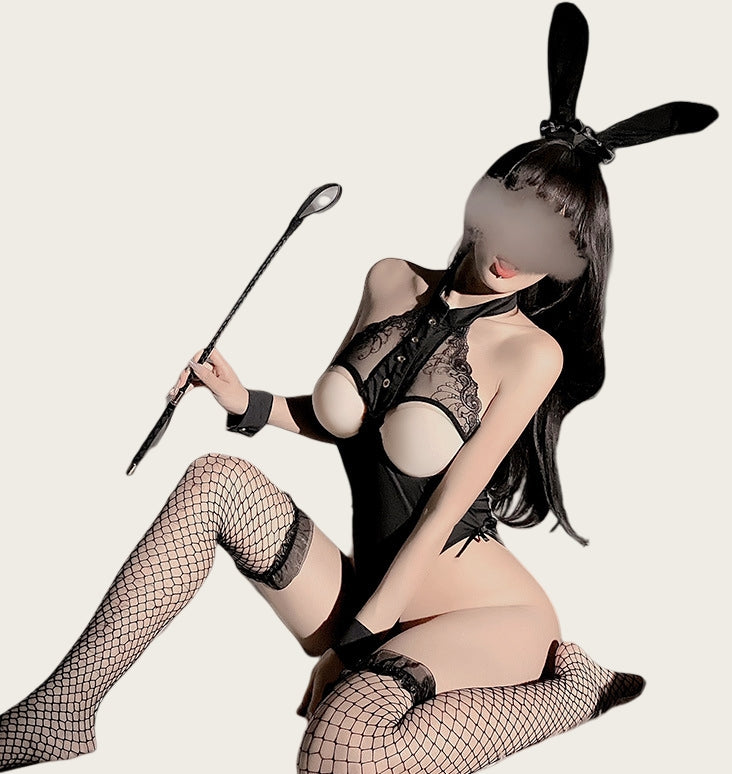 Hands-Free Cutout Chest Bunny Girl Bodysuit Lingerie Set