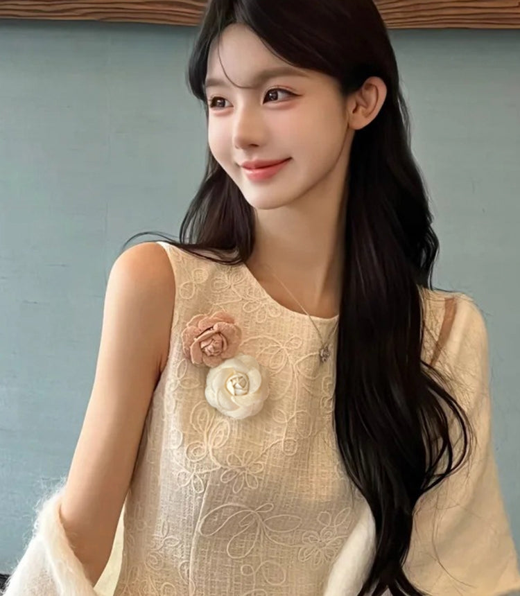 Chanel-Inspired Camellia Brooch & Hair Clip Set (Pink + White)