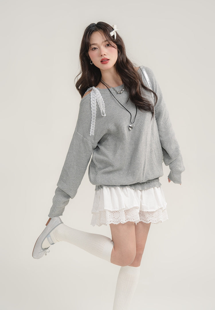 Off-Shoulder Lace Patchwork Knit Dress