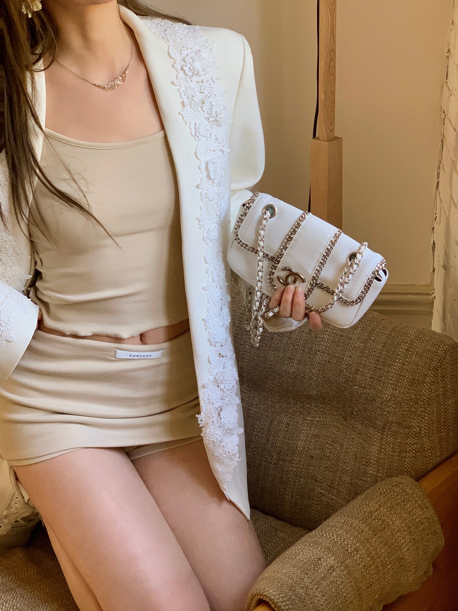 Statement lace-panelled couture blazer