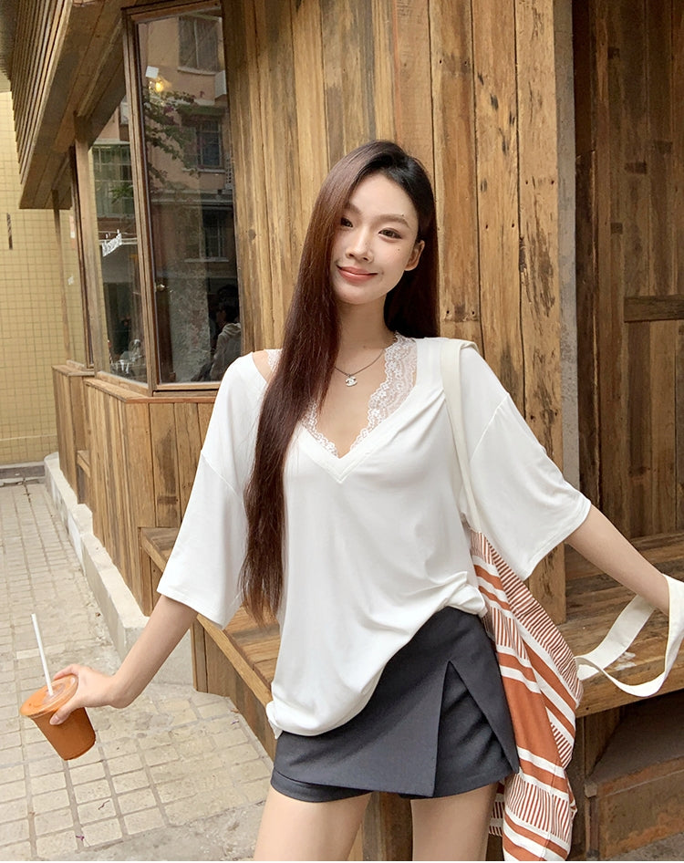 Straight-Shoulder Lace Faux Two-Piece Loose TEE