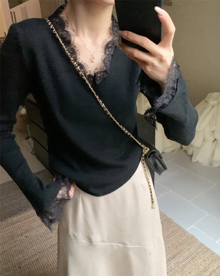 Korean-Style Lace V-Neck Knit Top