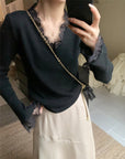 Korean-Style Lace V-Neck Knit Top