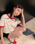 American-style color-block letter embroidered cotton tee