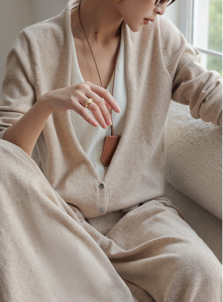 Rabbit Hair Blend Knit Set with Layered V-Neck Cardigan