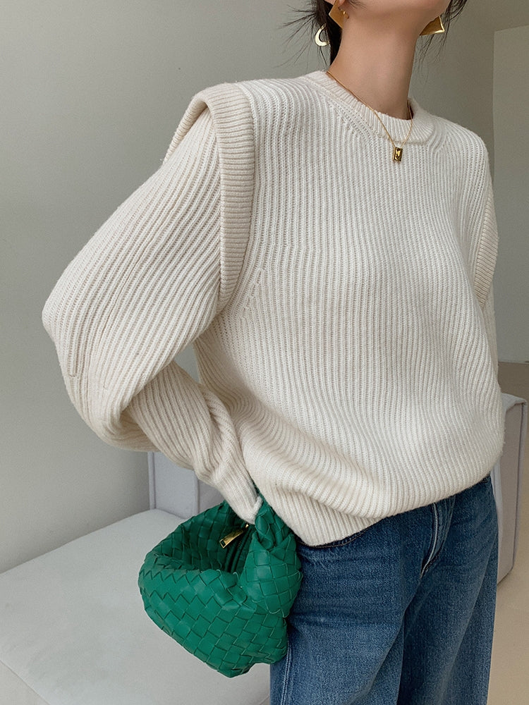 White Textured Knit Sweater with Layered Look