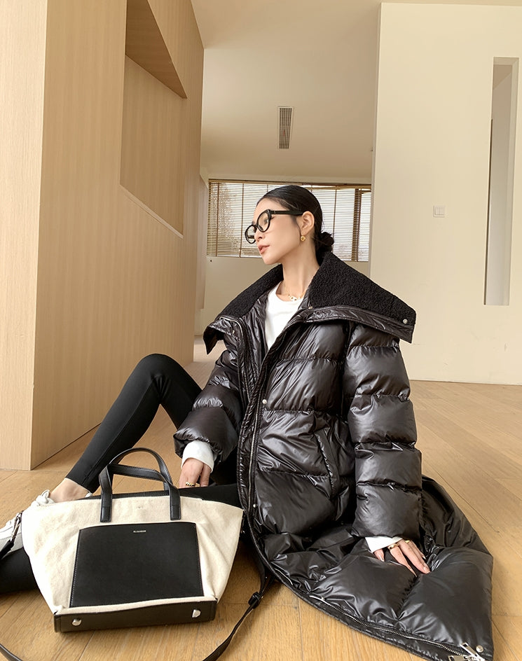 Glossy Oversized Collar Down Coat – Wash-Free Finish