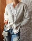 French-Style Sequin V-Neck Gray Knit Cardigan