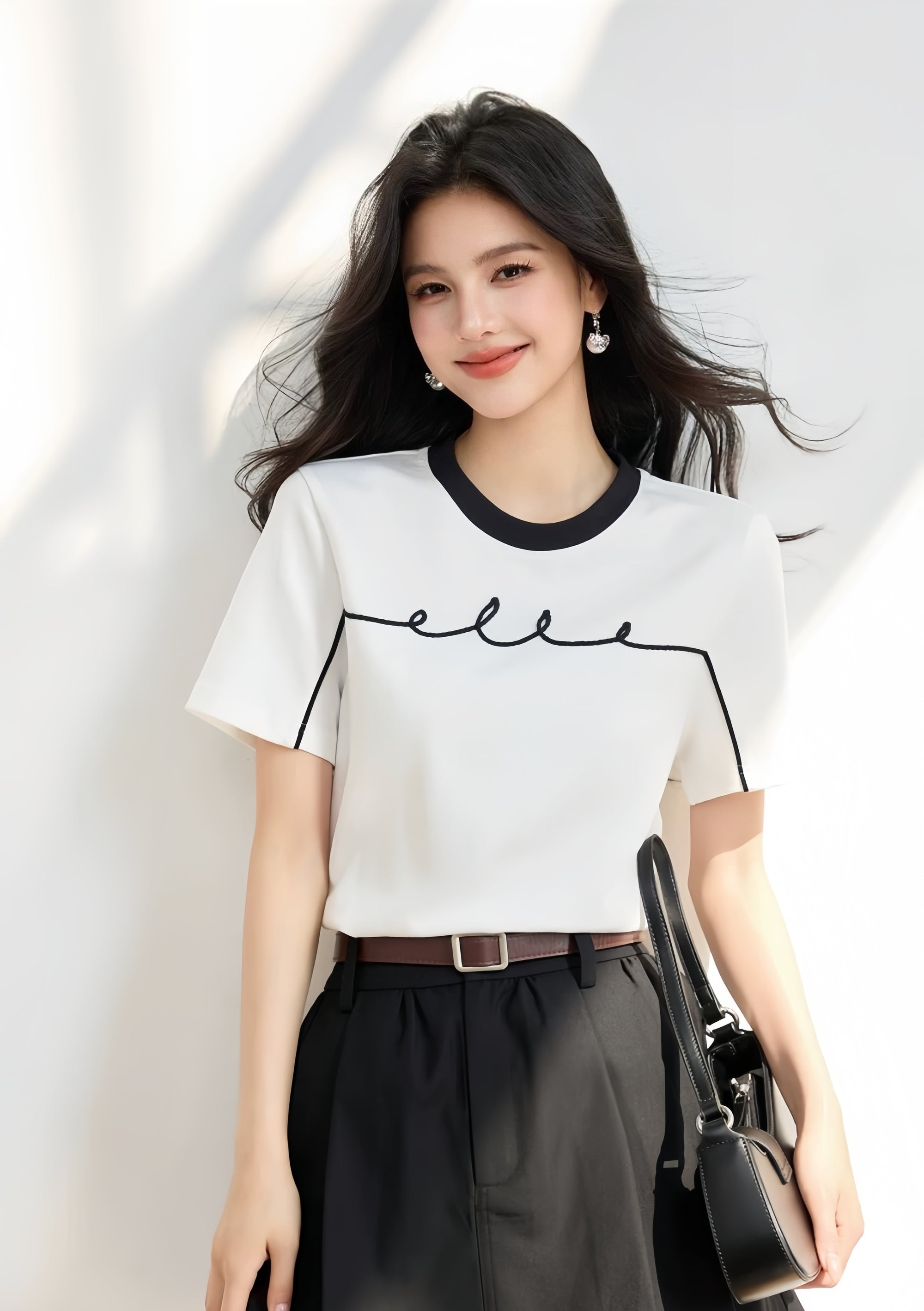 ELLE French-Style Crewneck Contrast Cotton Tee