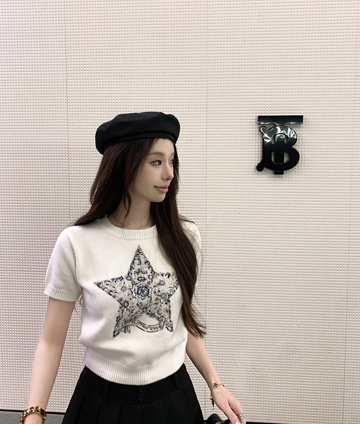 Luxurious Embroidered Slim-Fit Crewneck Knit Top