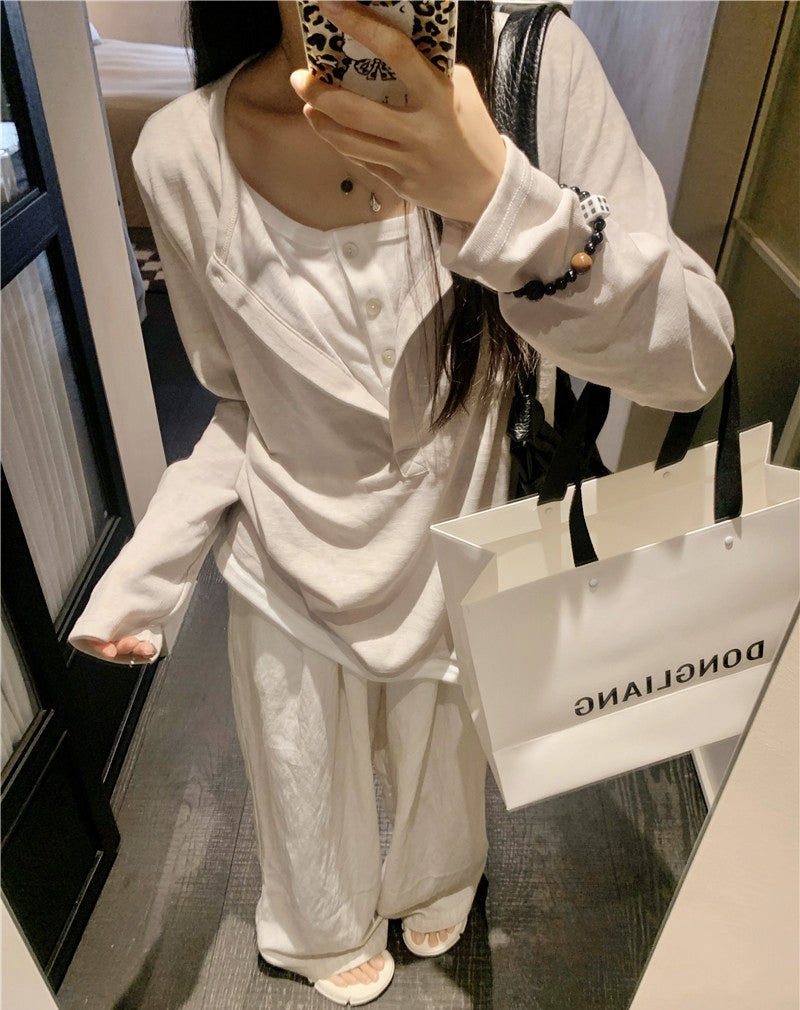 Snowflake Tencel Half-Placket Shirt + Wide-Leg Pants Set
