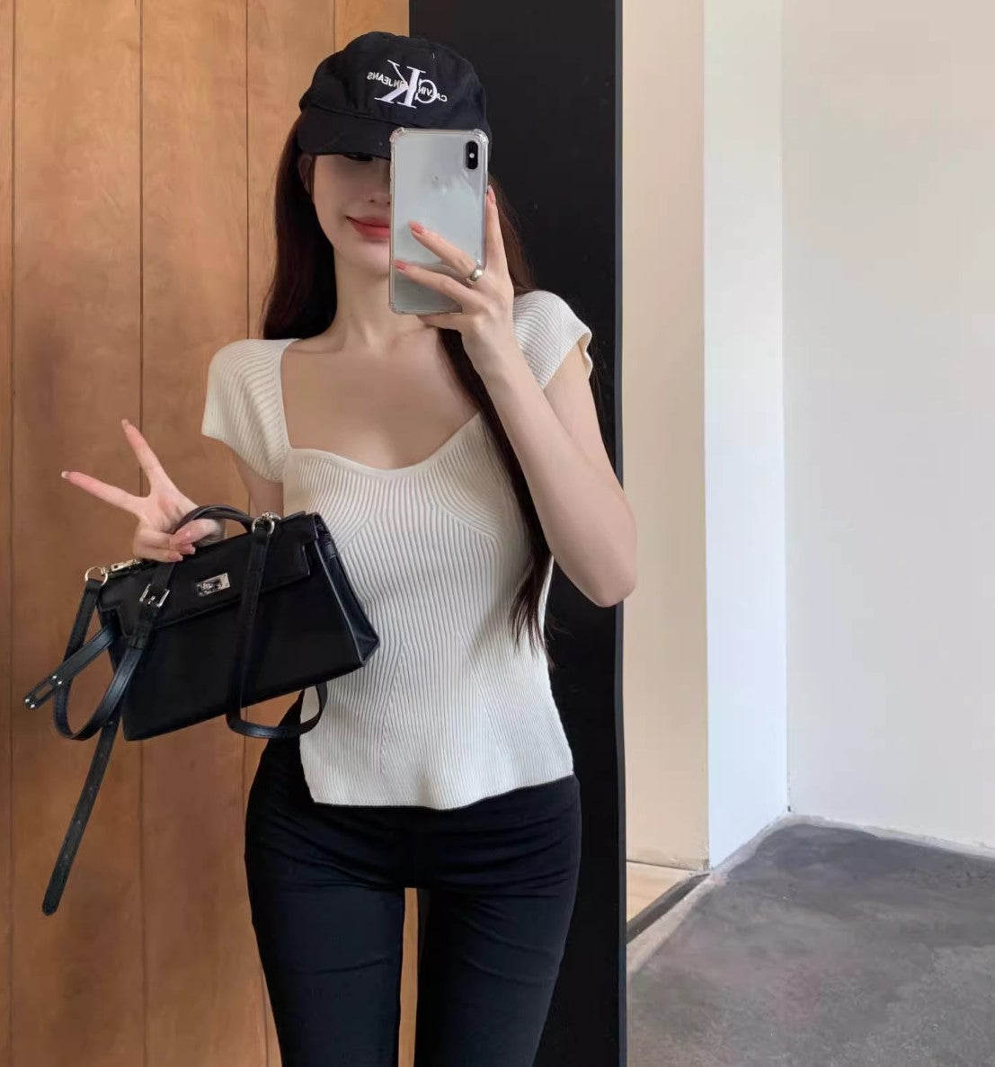 Petal Square Neck Vintage Knit Short Sleeve Top