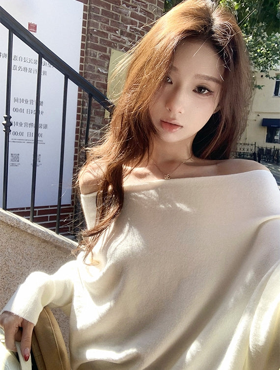 Stylish Asymmetrical Shoulder Knit Long-Sleeve Top