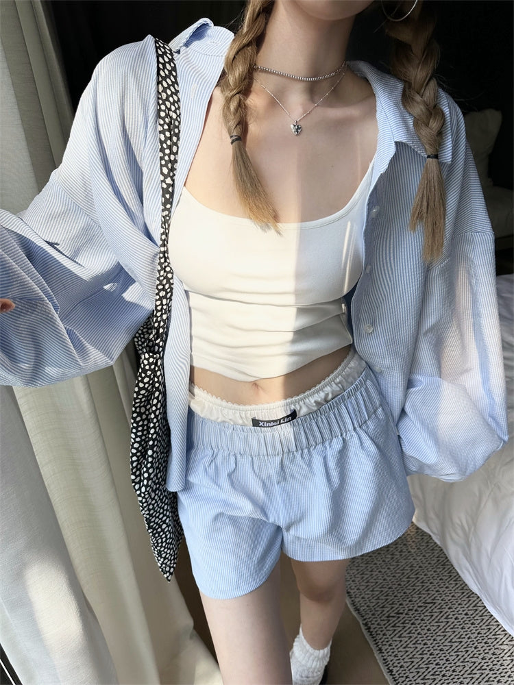Striped Long-Sleeve Shirt + Shorts Set