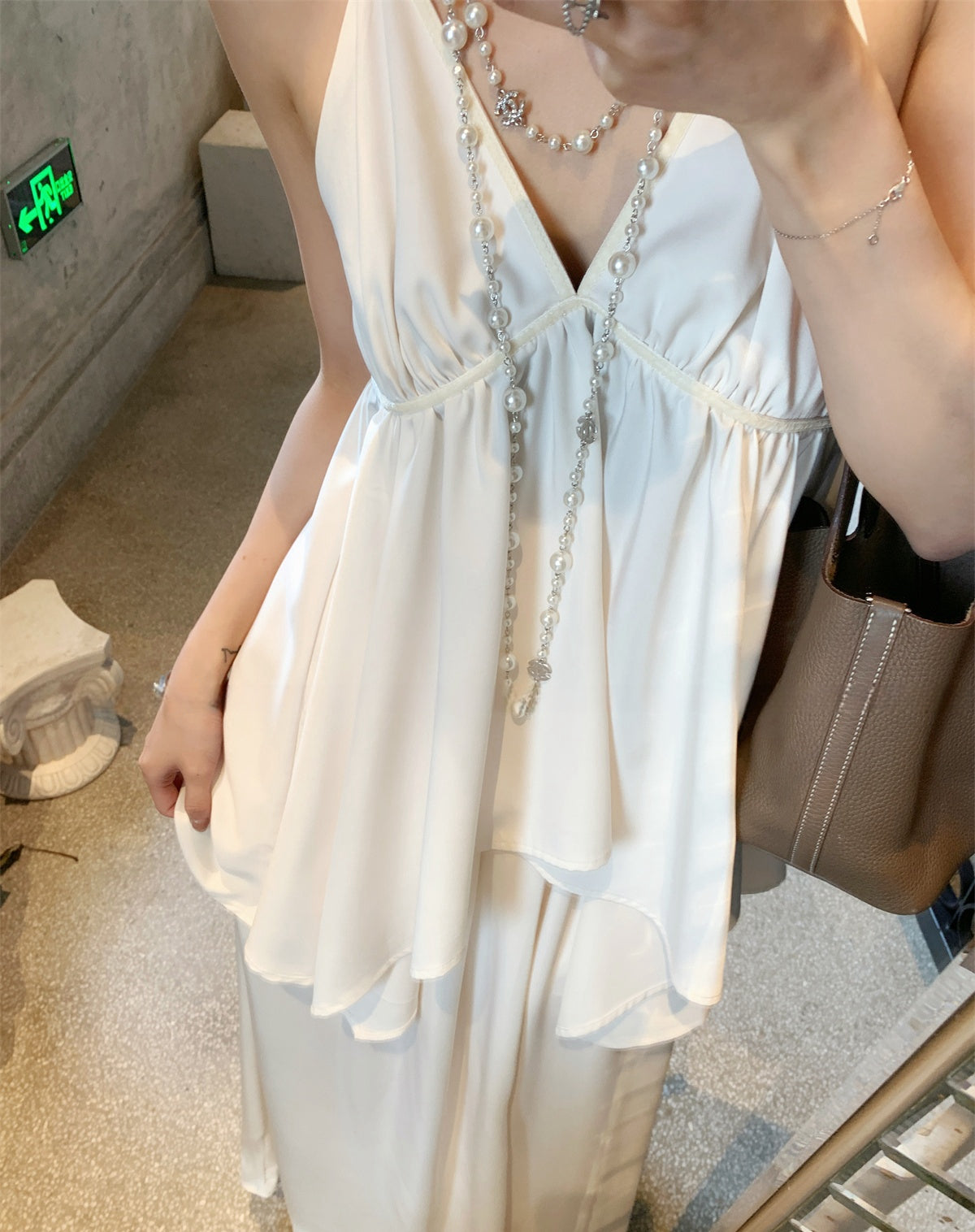 Soft White Tea Satin Deep V-Neck Camisole