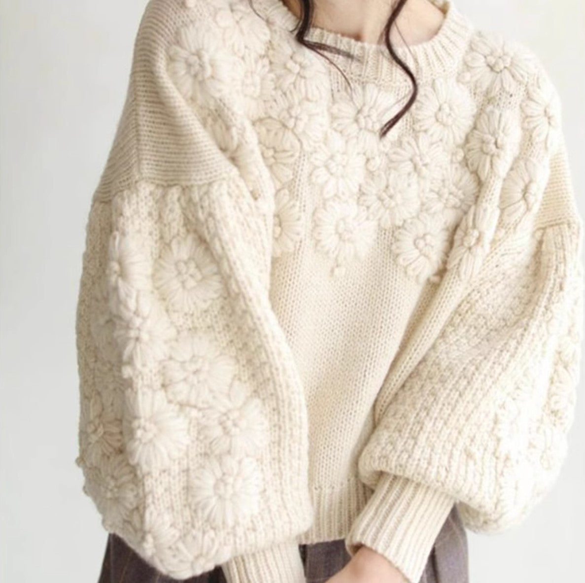 French Heavywork Chunky Floral Wool-Cashmere Sweater