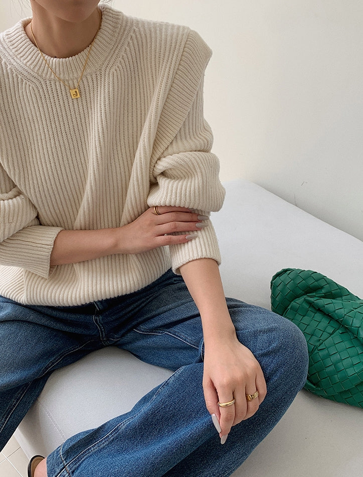 White Textured Knit Sweater with Layered Look