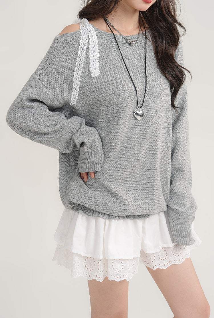 Off-Shoulder Lace Patchwork Knit Dress