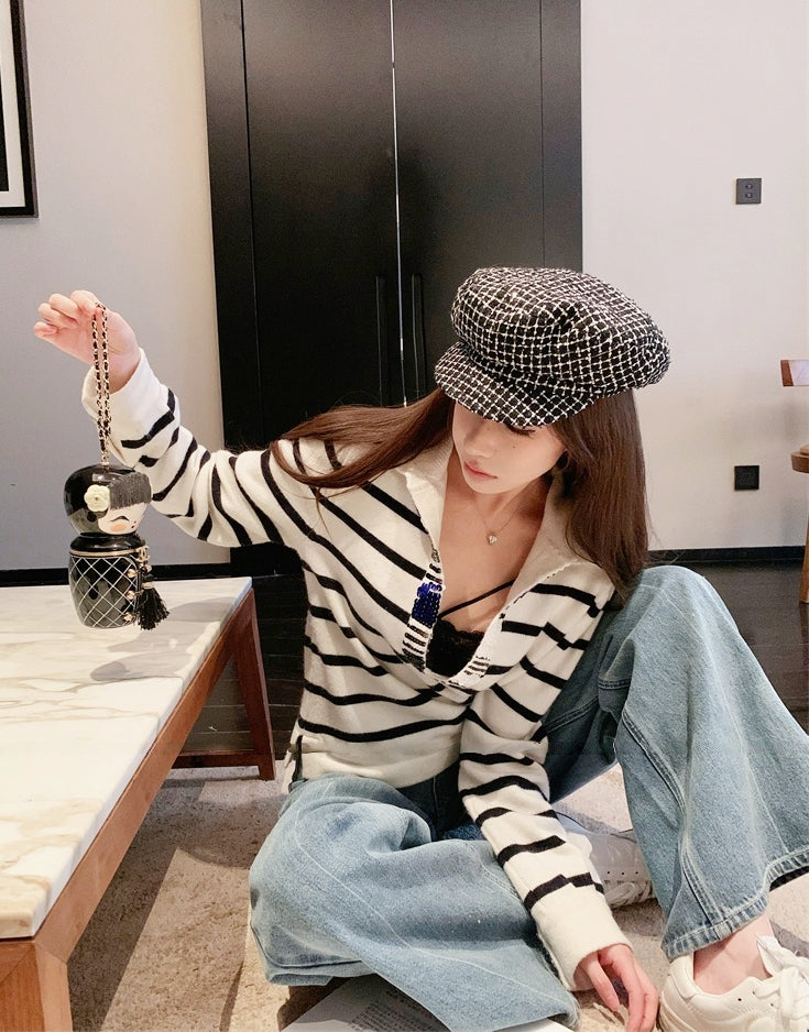 Sequin V-Neck Striped Lambswool Knit Top