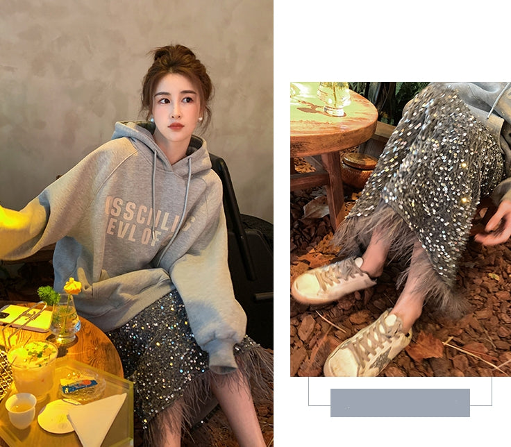 Sequin Skirt with Ostrich-Feather Trim