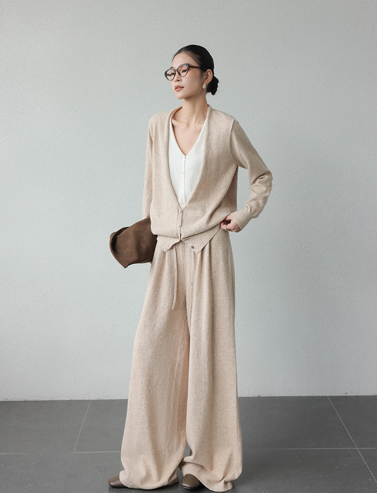 Rabbit Hair Blend Knit Set with Layered V-Neck Cardigan