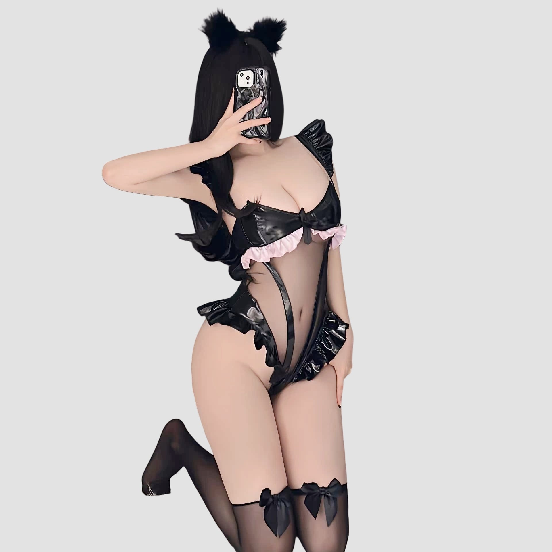 PU Patchwork Mesh Ruffled Bodysuit Lingerie