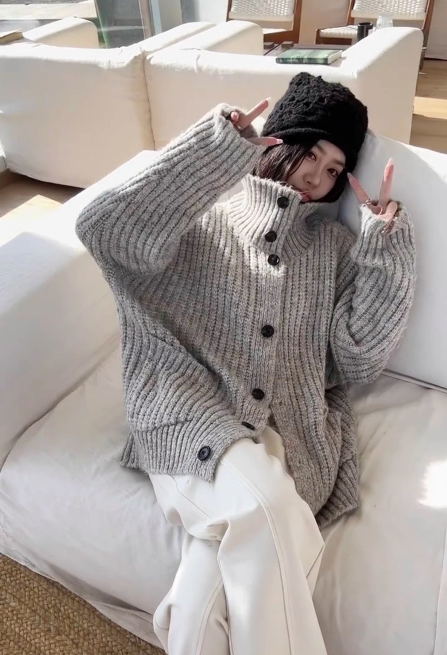 Korean-style wool knit cardigan with a relaxed, stylish design