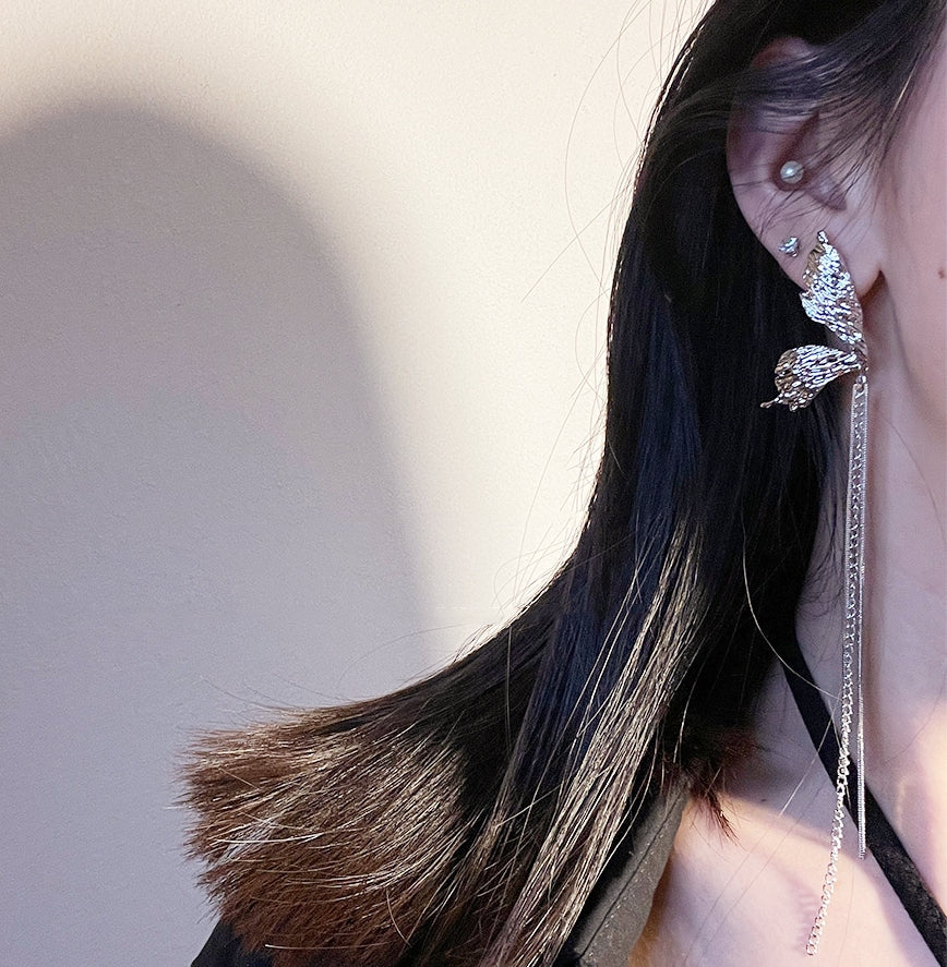 Korean 925 Silver Butterfly Wing Tassel Earrings