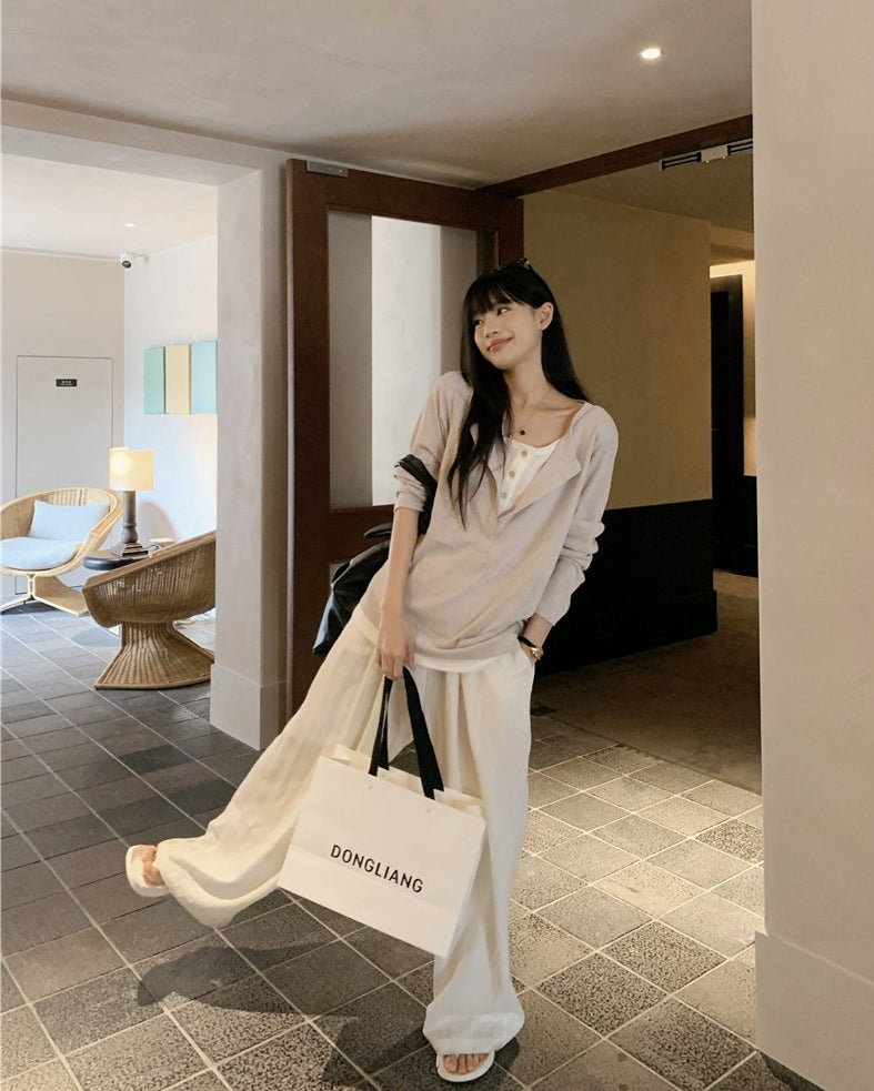 Snowflake Tencel Cotton Layered-Look Half-Placket Shirt+PANT