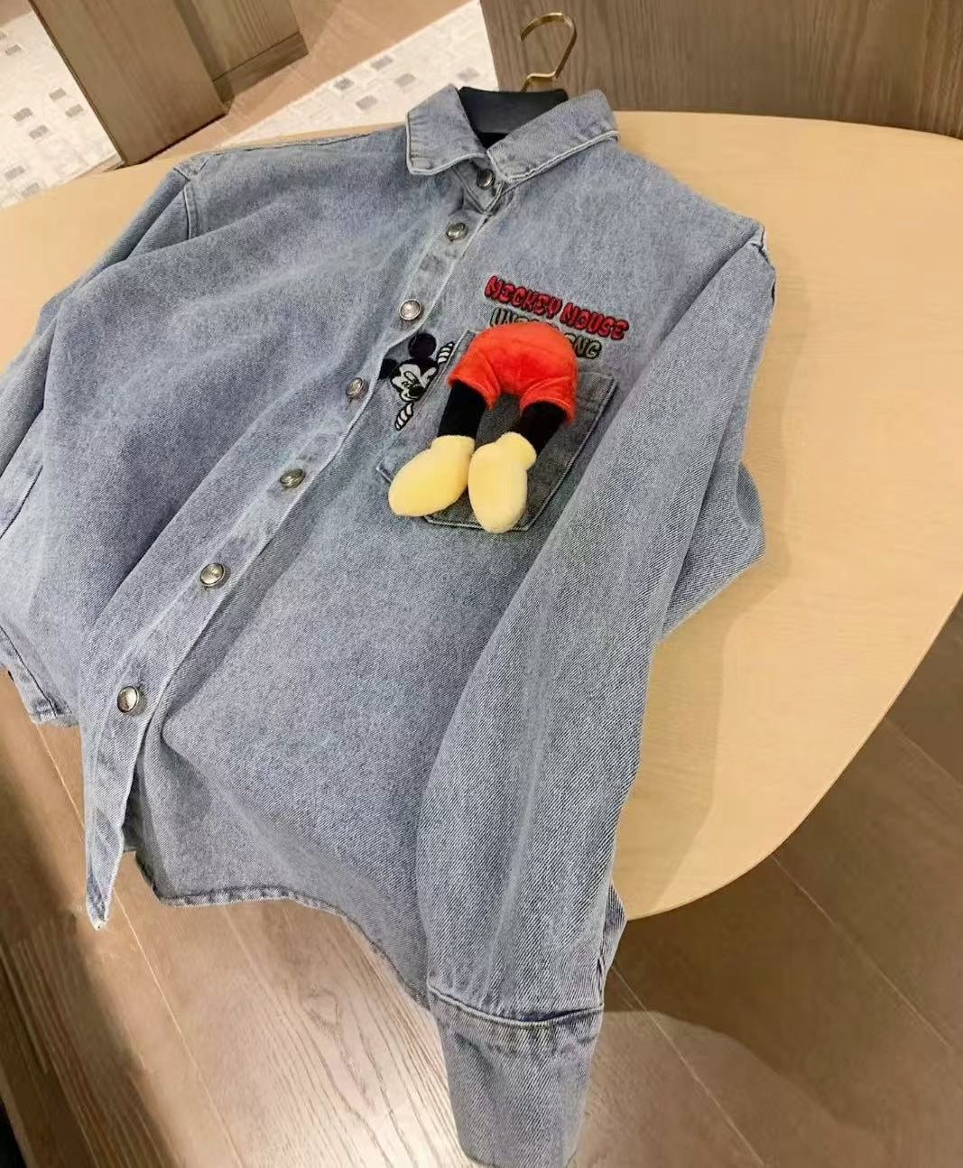 Washed Denim Jacket with Mickey Embroidered Plush Detail