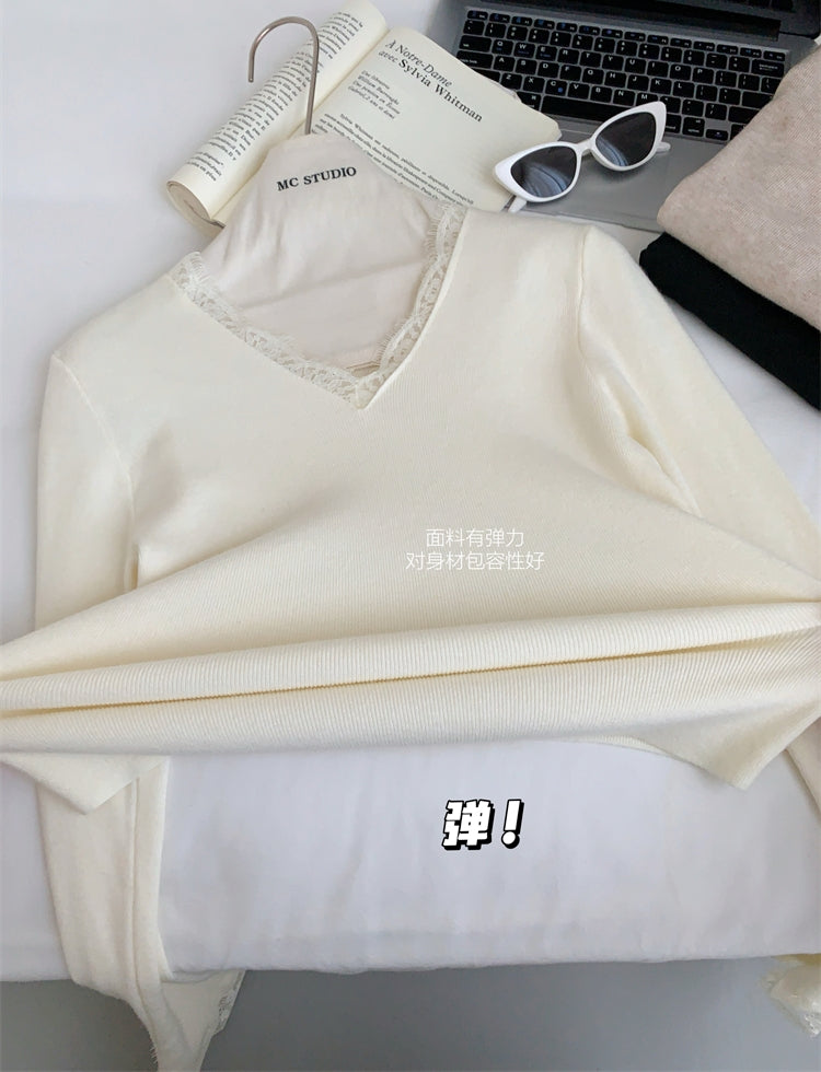 Korean-Style Lace V-Neck Knit Top