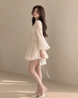Apricot Pleated Flare-Sleeve Dress