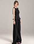 French-Inspired Black Bow-Tie Peplum Top & Wide-Leg Pants Set