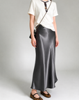 Glazed acetate satin midi skirt(charcoal grey)