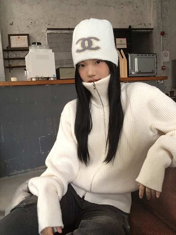 Double-Zip High Neck Thick Knit Cardigan