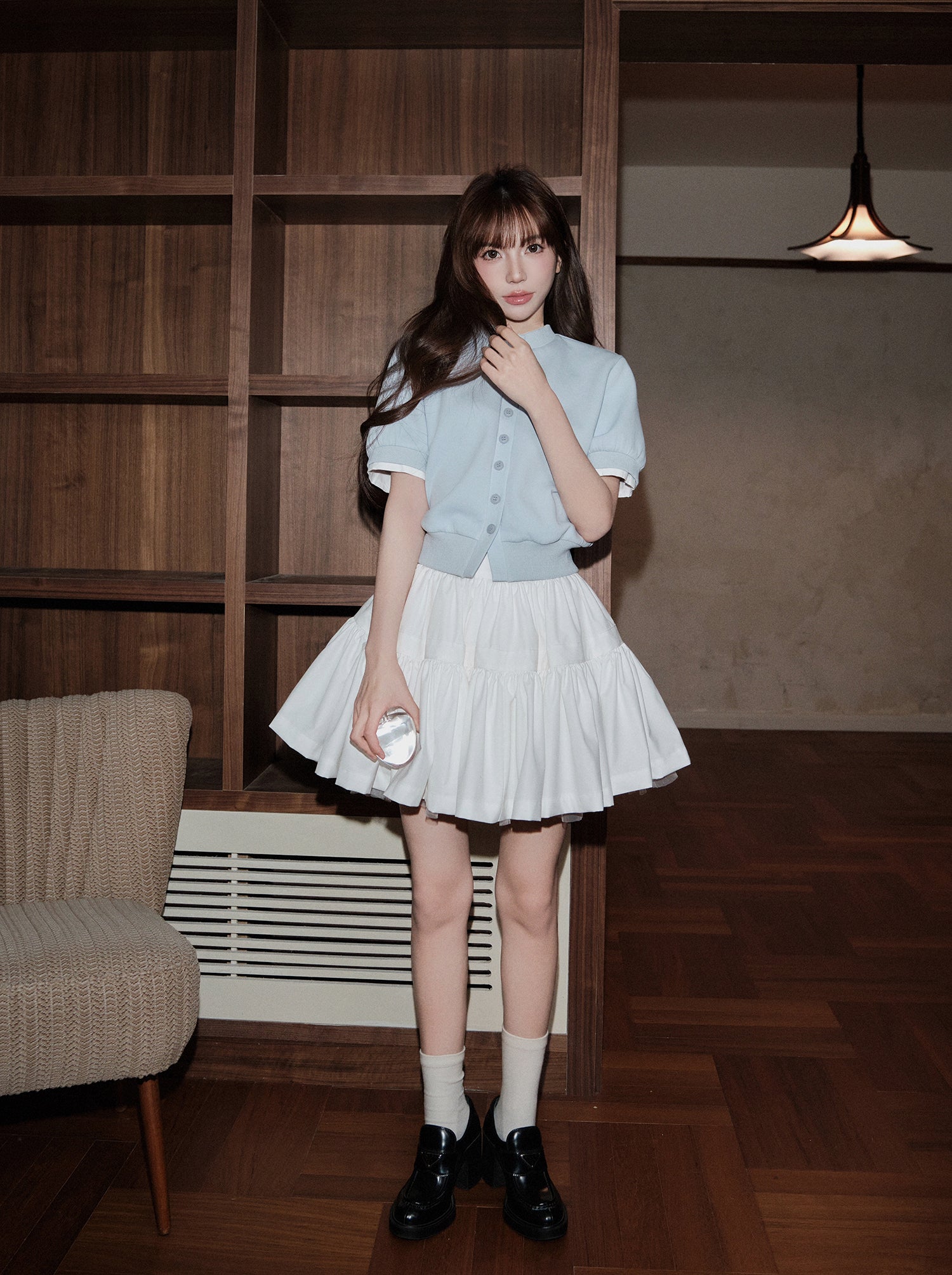 Slim-fit contrast knit top with faux layered design