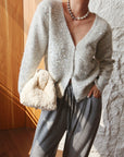 French-Style Sequin V-Neck Gray Knit Cardigan