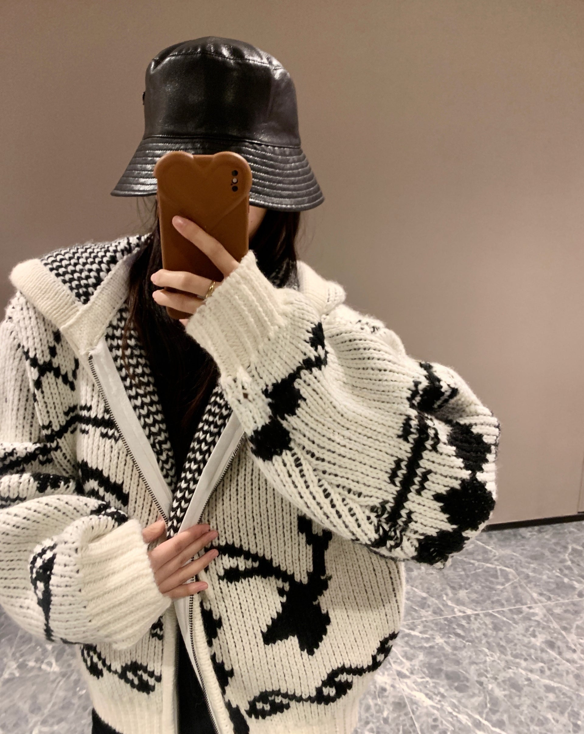 Korean OPEN YY Rose Jacquard Thick Knit Cardigan