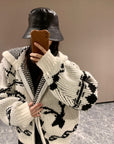 Korean OPEN YY Rose Jacquard Thick Knit Cardigan